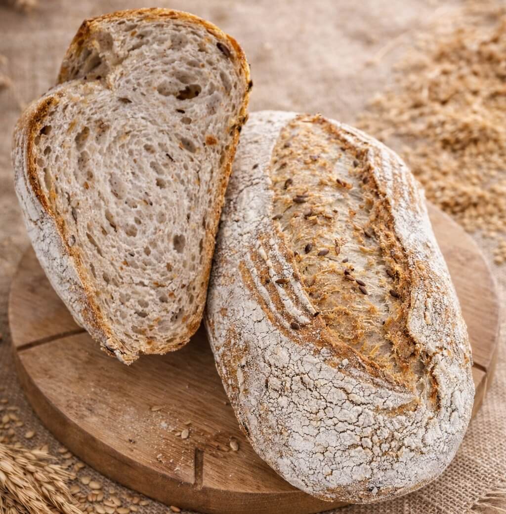 Pâine integrală de grâu cu semințe 500 g cu maia naturală și făină măcinată la moara cu pietre
